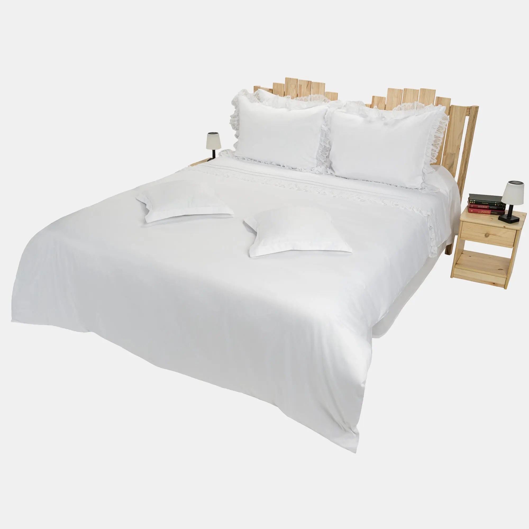 Lenjerie de pat 1 persoană Albă din bumbac satinat dens și dantelă, personalizabilă – SOPHIA CASA CRYSTAL CasaCrystal