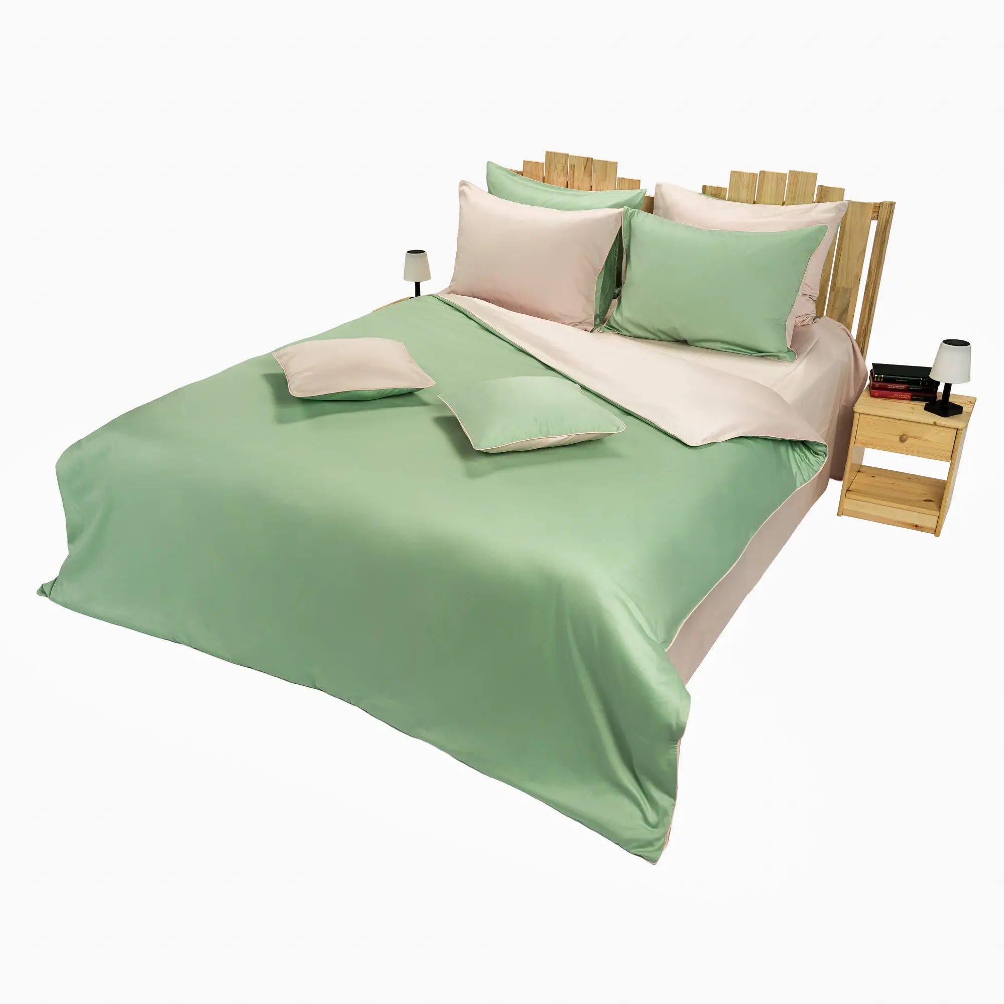 Lenjerie de pat 1 persoană Verde și Roz, cu două fețe, din bumbac satinat dens, personalizabilă – SPRING CASA CRYSTAL CasaCrystal