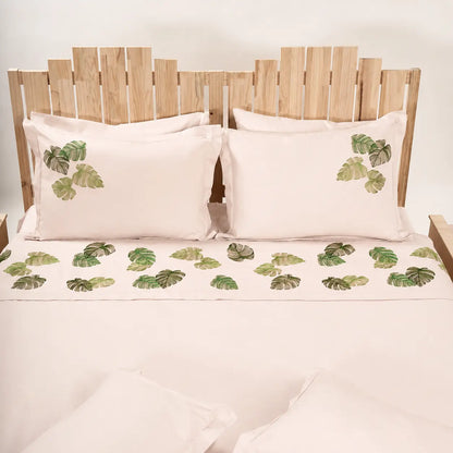Lenjerie de pat 2 persoane Nude din Bumbac 100% satinat dens, brodată cu frunze, personalizabilă – MONSTERA