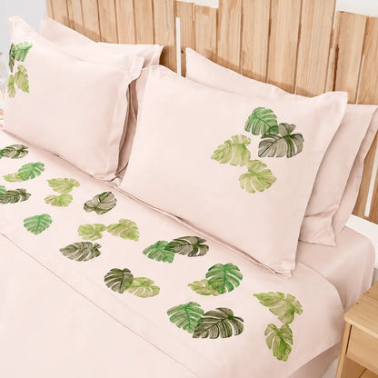 Lenjerie de pat 2 persoane Nude din Bumbac 100% satinat dens, brodată cu frunze, personalizabilă – MONSTERA