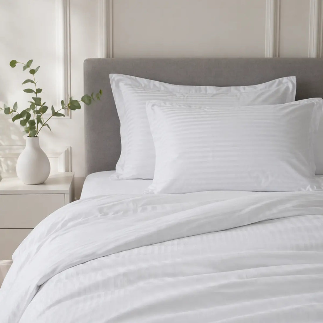 Lenjerie de pat 2 persoane Albă din Bumbac 100% satinat dens cu dungi, personalizabilă – WHITE STRIPES