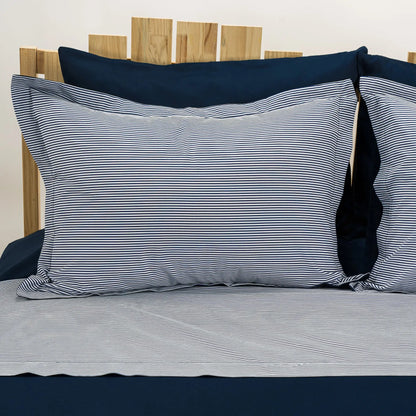 Lenjerie de pat 2 persoane Albastră din bumbac satinat dens cu motive dungi, personalizabilă – SAILOR CASA CRYSTAL CasaCrystal