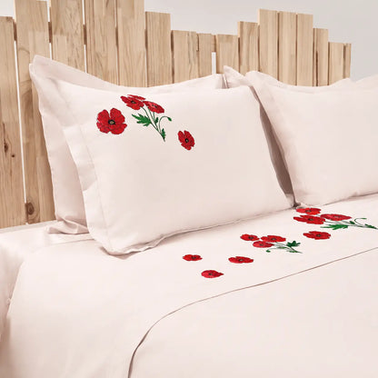 Lenjerie de pat 1 persoană Nude din bumbac satinat dens brodată cu motive florale, personalizabilă – MACI