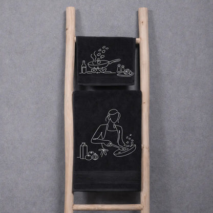 prosoape de baie negre, set de 2, cu broderie cu o fata gatind, perfecte pentru un iubitor de mancare