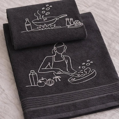 prosoape de baie negre impaturite, set de 2, cu broderie cu o fata gatind, perfecte pentru un iubitor de mancare