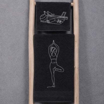 Prosop Baie din Bumbac și Bambus Negre 600g/mp brodate - Set 2 Piese - Pilates lover - Complet Personalizabil