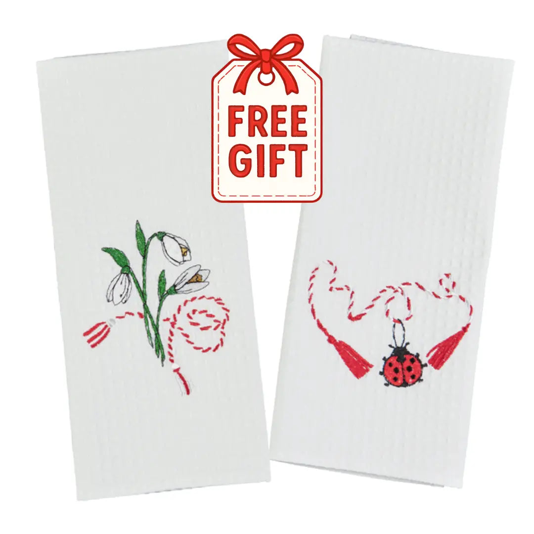 Prosop de Bucătărie Alb cu țesătură de tip Fagure - Set 2 Piese - Brodat cu motive Primăvară